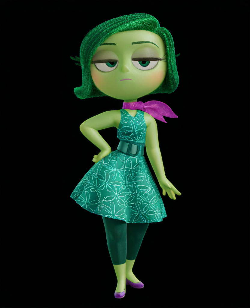 masterpiece, best quality, amazing quality, highres, absurdres, intricate detail, 3d, simple background, black background,  <lora:Disgust_ILLUS_2-000011:1> , disg, 1girl, solo, short hair, dress, bare shoulders, green eyes, green hair, sleeveless, scarf, green skin, looking at viewer, expressionless, full body, hand on hip, half-closed eyes,
