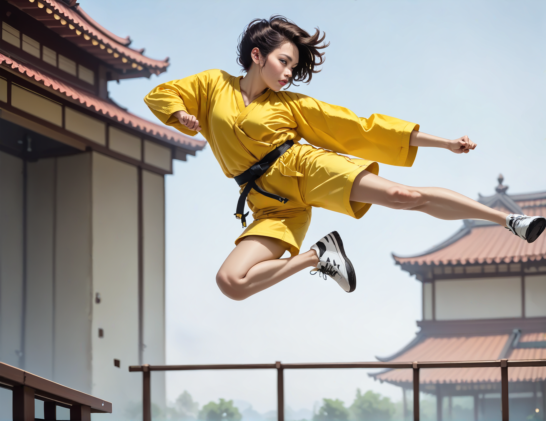 score_9, score_8_up, score_7_up, jusiki, side view, (slim 25yo female), doing a high jump sidekick, in front of pagoda. sneakers, yellow shorts and  yellow shirt,short brunette straight hair <lora:JumpedSideKickPony-000007:1>