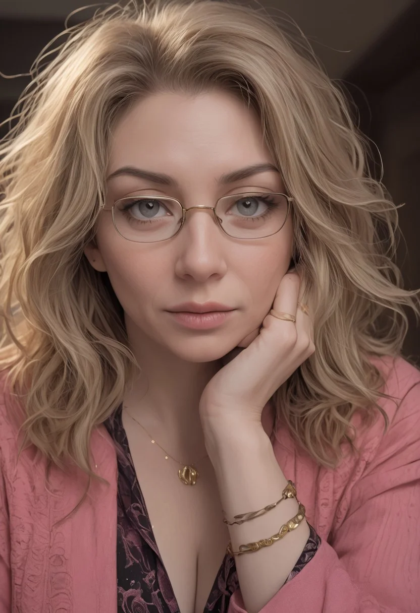 hyperrealistic,masterpiece, stunning, best quality, RAW upper body shot photo of a mature woman, ,clear focus, pale skin, curvy, img, 1girl, realistic,chubby,,1 woman, mature woman,milf, portrait,blonde hair,fluffy hair,eyes looking down,wide-eyed, glasses,worried expression, closed mouth,worried expression,hotel receptionist, behind reception dest, pink suit,cleavage, bracelet, deep-pink shirt,Hasselblad DLSR camera, 200mm Zeiss lens, f/2.8, detailed, realistic shadows, low light, soft natural light, Rembrandt style light, professional, high contrast, bright colors, intricate details, (high quality texture), (sharp), (artistic image), 8K, highly detailed, vivid, rich details,