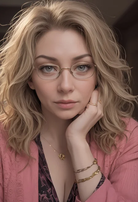 hyperrealistic,masterpiece, stunning, best quality, RAW upper body shot photo of a mature woman, ,clear focus, pale skin, curvy, img, 1girl, realistic,chubby,,1 woman, mature woman,milf, portrait,blonde hair,fluffy hair,eyes looking down,wide-eyed, glasses,worried expression, closed mouth,worried expression,hotel receptionist, behind reception dest, pink suit,cleavage, bracelet, deep-pink shirt,Hasselblad DLSR camera, 200mm Zeiss lens, f/2.8, detailed, realistic shadows, low light, soft natural light, Rembrandt style light, professional, high contrast, bright colors, intricate details, (high quality texture), (sharp), (artistic image), 8K, highly detailed, vivid, rich details,