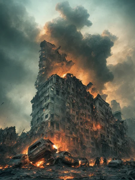 Image of the apocalypse, crumbling buildings, rubble, fire+, billowing smoke, people running+, fear+, overturned cars, epic realistic, hdr++, abandoned, neutral colors, night, screen space refractions, (intricate details)+, intricate details+, hyperdetailed+, artstation, cinematic shot, vignette, complex background, teal and orange, technicolor, 