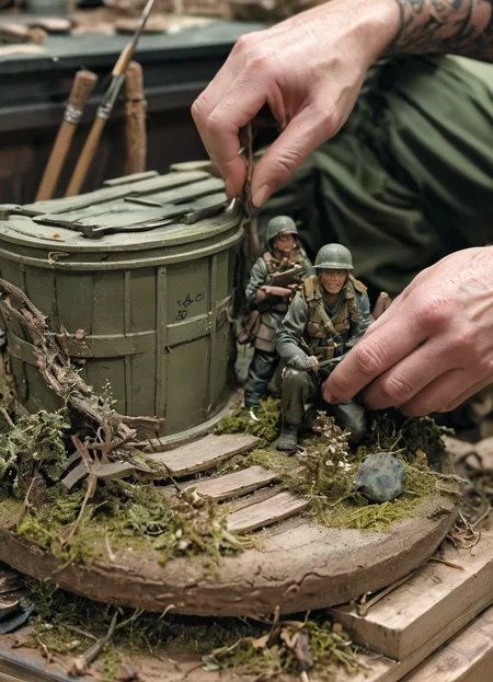 artdrm,the artist's hands paints a military diorama,8k,F2.8,RAW Photo,ultra detailed,<lora:artfullyDIORAMA_SDXL_V1:1>,