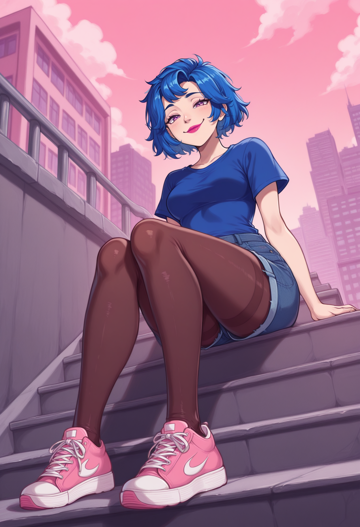 masterpiece, best quality, 1girl, solo,  <lora:NSEmilyStardew:1> NSEmilyStardew, blue hair, purple eyes, lipstick, short hair, blue t-shirt, denim shorts, pantyhose under shorts, pantyhose, sitting, stairs, outdoors, city, sneakers, dutch angle, full body, from below, looking at the viewer, smug, pink sky