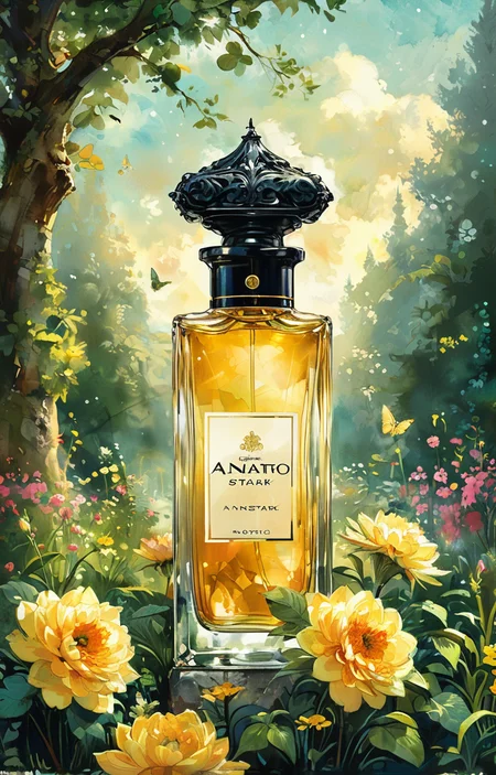 masterpiece,best quality,<lora:tbh334-sdxl:0.6>,illustration,style of Anato Finnstark A bottle of perfume in garden