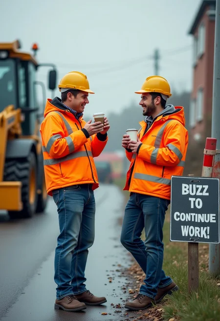 two construction works standing leaning at the road side next to road works both laughing and drinking tea, with a sign next to them it saying text ''Buzz To Continue Work!'' cinematic shot, cinimatic shot, background roadworks, daytime,