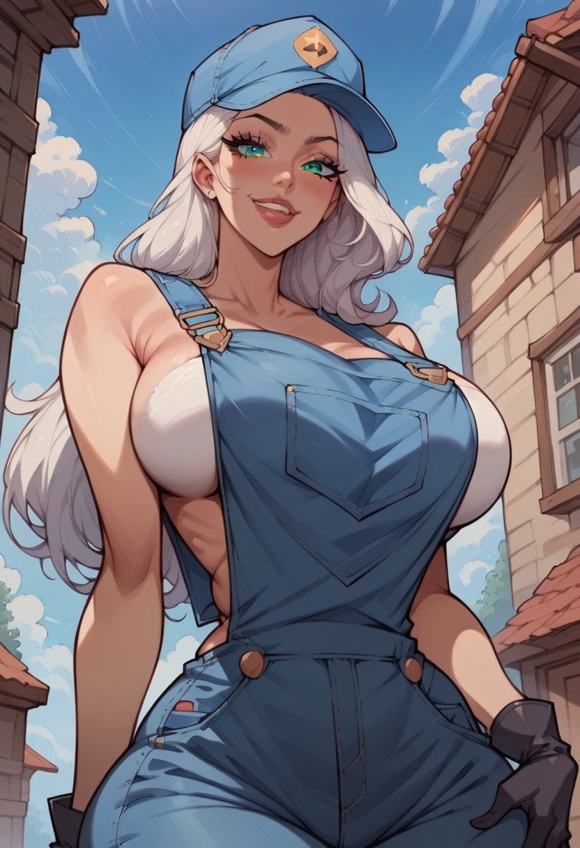 low angle, 
score_9_up, score_8_up, score_7_up, MFCG PDXL, source_anime, beautiful face, beautiful eyes, detailed eyes, detailed face, masterpiece, expressive eyes, perfect face,
1woman, (solo:1.3), woman solo, hourglass shaped body, curvy figure, KateFc, green eyes, white hair, long hair, large breasts, horny, lewd, slutty, (blue overalls, black gloves,blue hcap:1.3), 
dynamic standing seductive pose, seductive pose, hakf body,lewd face, slutty a lot, lewd face, slutty a lot, horny eyes, smug, high waisted thongs, high waisted thongs,
huge ass, huge tits, (large ass),
beautiful anime face, detailed anime face,
(wide hips:1),