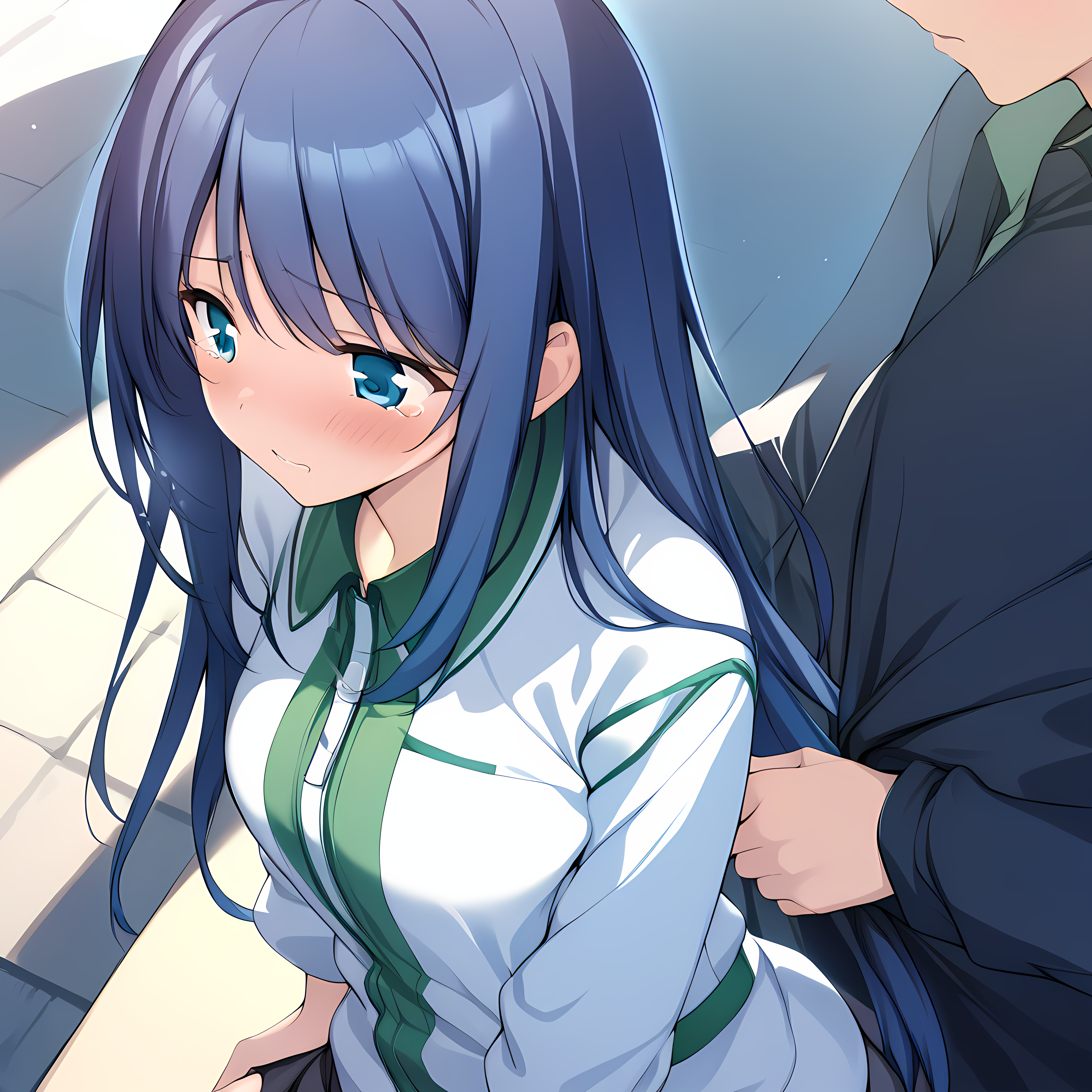 (masterpiece),(best quality),(ultra-detailed),(best illustration),(best shadow),(absurdres),(detailed background),(very aesthetic), natsuki kuga, casualoutfit, 1girl, long hair, blue hair, tears, blue eyes, clothes grab, solo focus, sleeve grab, blush<lora:NatsukiKugav1:1>