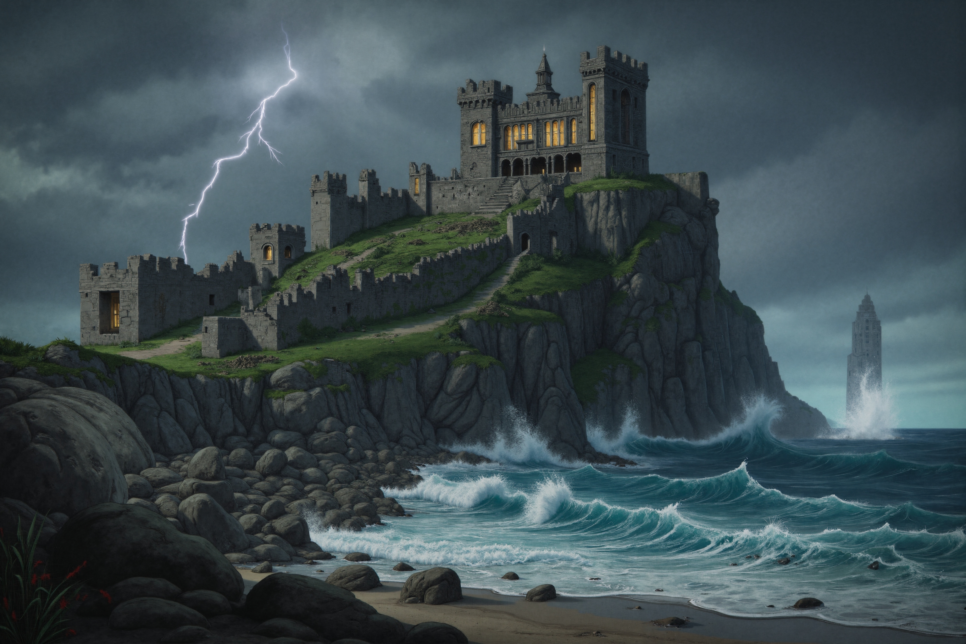 An ancient castle, now in ruins, sits atop a rocky cliff overlooking a stormy sea. The castleâs walls are crumbling, and ivy has overtaken much of the stonework. The sky is dark and overcast, with flashes of lightning illuminating the jagged rocks below. Waves crash violently against the cliff, sending sprays of water high into the air