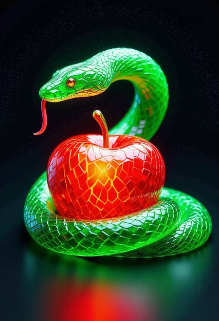 A vibrant green snake made of glass shards coiled around a glowing bright red apple on a dark backdrop. The snake is looking at the viewer and has its tongue out. <lora:Hyper-FLUX.1-dev-16steps-lora:0.15> <lora:Challenge_Winnifier_ENTERPRISE_EDITION_epoch_5:0> <lora:glass_shard_flux:1>