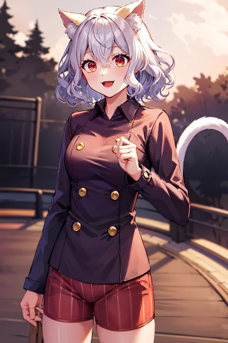 masterpiece, best quality, highres, neferpitou1, cat ears, (cat tail:0.6), solo, short hair, red eyes, long sleeves, hair between eyes, :3, curly hair, striped, cat girl, buttons, striped shorts, <lora:neferpitou_v1:0.6>, cowboy shot, standing, outdoor, open mouth,