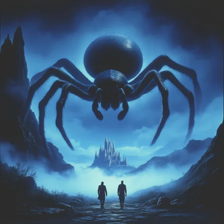 ArsMovieStill, 80s Fantasy Movie Still, The image is a digital illustration of a large spider in the center of the image. The spider is black and has a large orb-like structure on its back. It is facing towards the right side of the frame. The background is a dark blue sky with a mountain range on the left side and a castle-like building in the distance. The castle is made of stone and has multiple towers and turrets. The ground is covered in fog and there are two people walking towards the castle. The image has a mysterious and eerie feel to it., fog, scenery, monster, 1other, night, monochrome, outdoors, giant, size difference, moon
