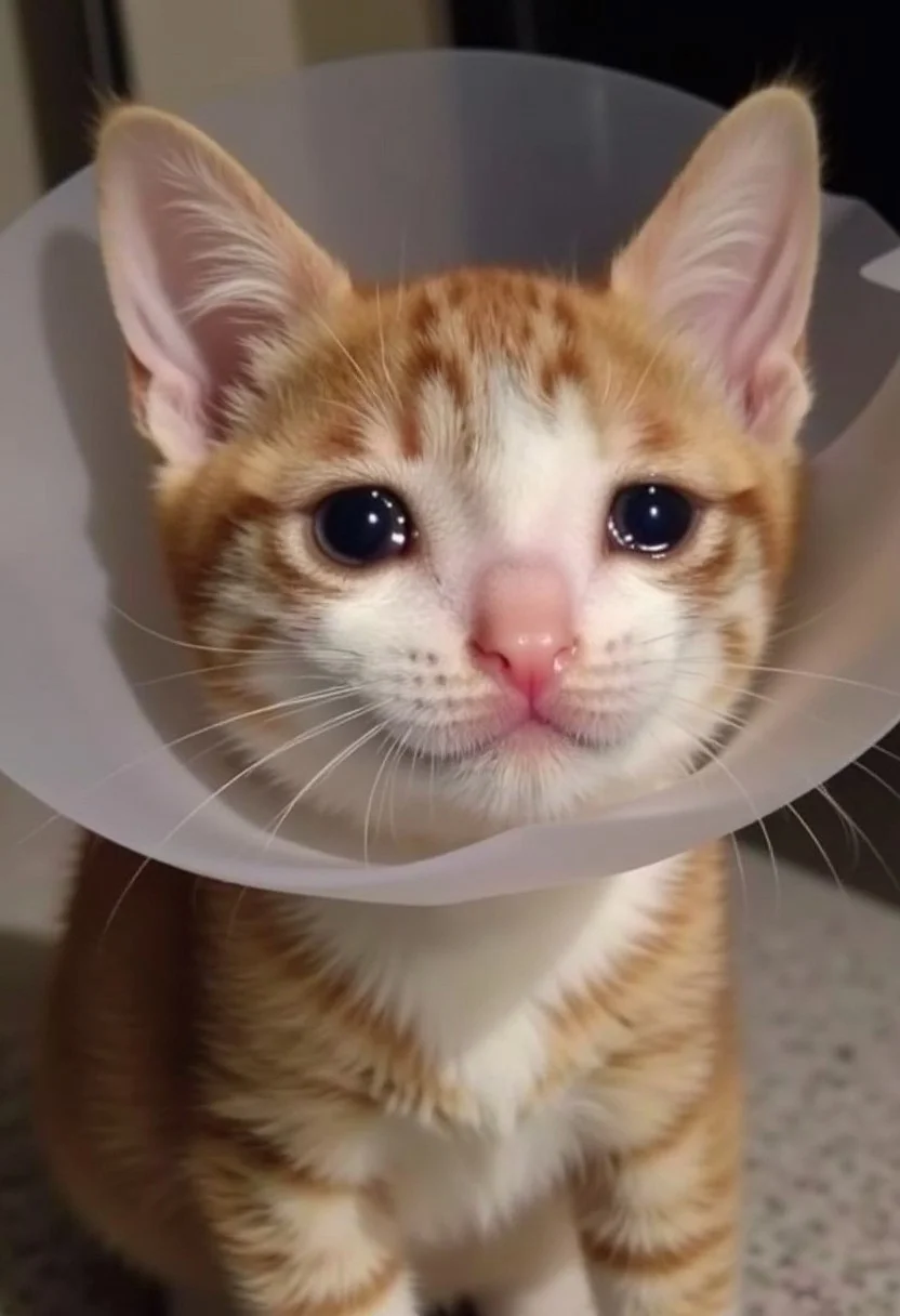 realistic photo of crying cat wearing a cone of shame, incredibly detailed, hyperrealistic digital photo, indoors