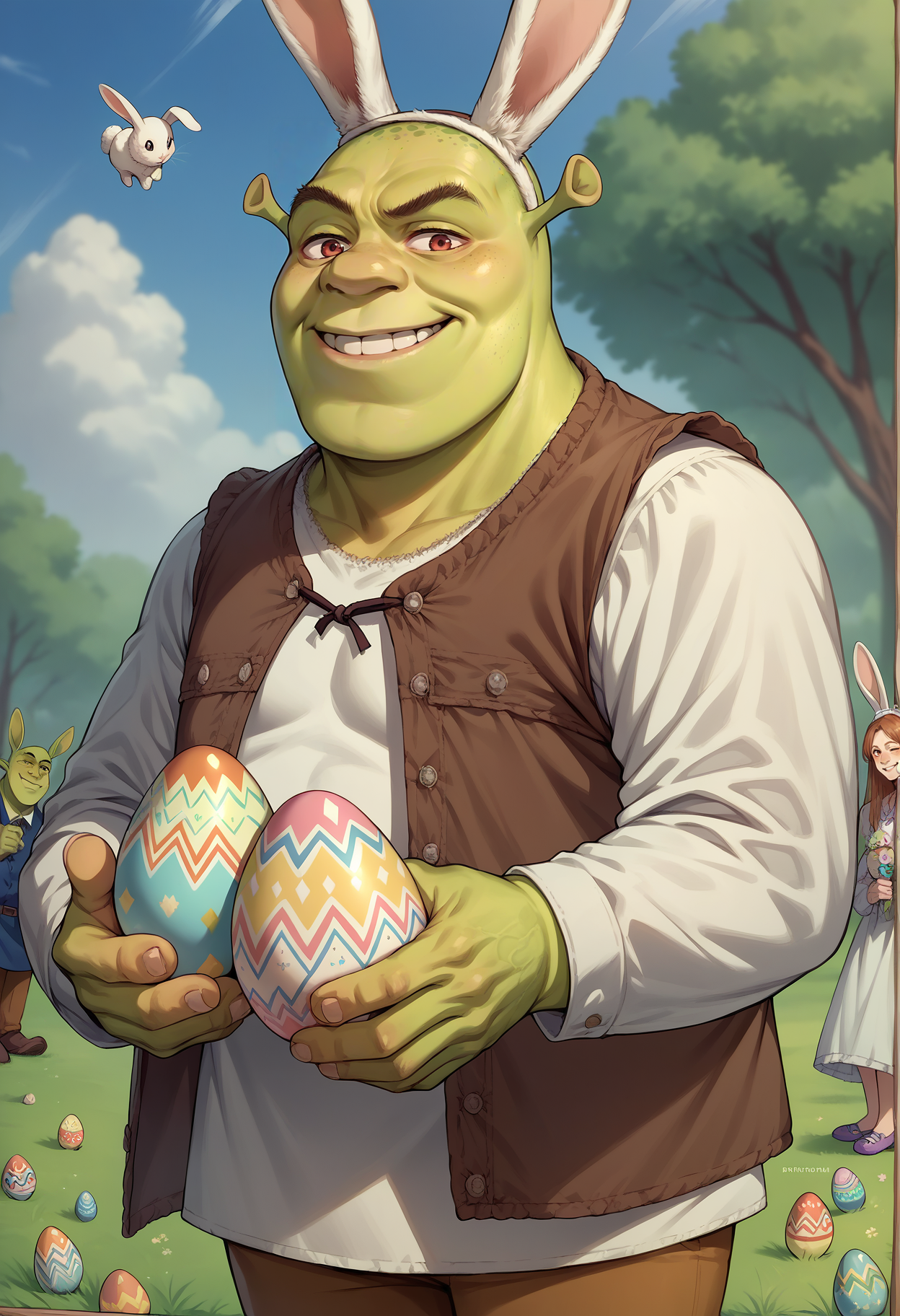 score_9, score_8_up, score_7_up, source_anime, 1boy, <lora:Shrek_XLPD:1> shrek, green skin, easter egg, easter, showing easter egg under coat, smirk, easter outfit, happy easter, holding egg, rabbit ears,