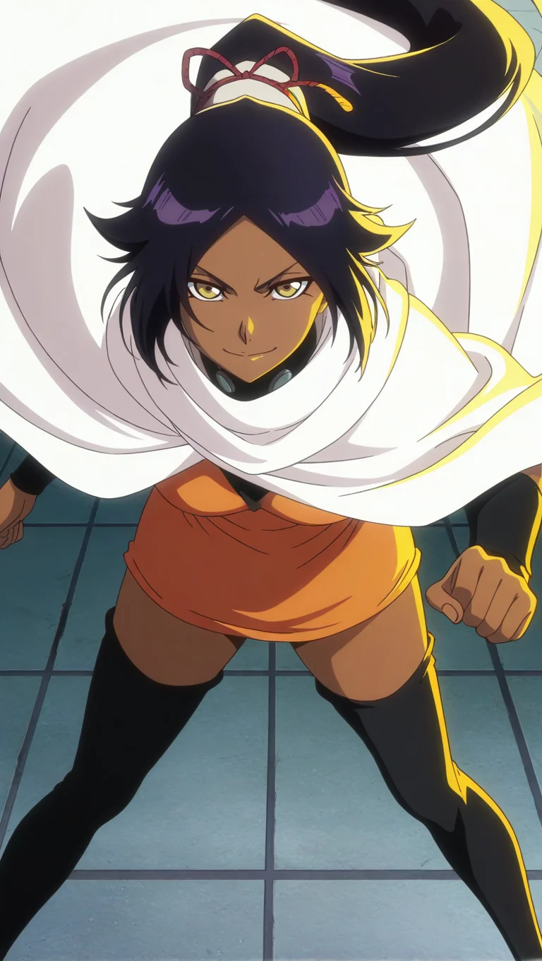 source_anime, masterpiece, best quality, amazing quality, anime screencap, high quality, 8k, absurdres, official style, 1girl, solo, looking at viewer, smile, <lora:Yoruichi_TYBW_iL:0.8>, y0ru1ch1 sh1h0u1n, yellow eyes, black hair, ponytail, long hair, dark skin, dark-skinned female, cour 2 outfit, orange dress, thigh boots, thighhighs, black thighhighs, zettai ryouiki, arm warmers, cape,