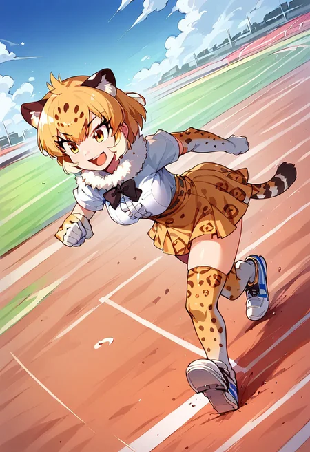 1girl, ((solo)) best quality, ultra-detailed, extremely detailed, perfect anatomy, masterpiece, score_9, score_8_up, score_7_up, jaguar (kemono friends), animal ears, jaguar ears, blonde hair, short hair, bangs, jaguar print, multicolored hair, tail, jaguar tail, white shirt, frills, skirt, high-waist skirt, print skirt, fur collar, center frills, gloves, elbow gloves, print gloves, short sleeves, black bowtie, thighhighs, animal print, print legwear, shoes, confident smile, confident look, eager, excited, outdoors, track and field background, (running_track:1.3), foot racing, dutch angle, standing, leaning forward, crouched forward, (about to pounce:1.3), full body, extended long shot, full-portrait shot, looking away from camera, side view, motion lines,