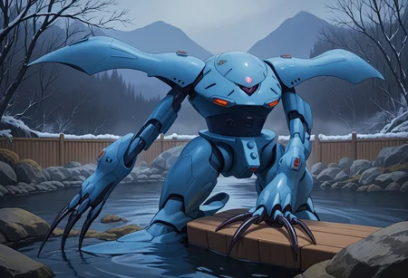 score_9, score_8_up, score_7_up, source_anime, front view, BREAK, ( hygogg, blue_hygogg_armor, pink monoeye, from side, looking at viewer, long arms, very long arms, long claws) 1mech, blue mech, wide mech, large shoulders, large shoulder armor, mech focus, solo, BREAK, two arms, submerged in hot spring, swimming, ruanyi0653,onsen,fence,rock,water,fog, mostly underwater, emerging from water, head and arms only,