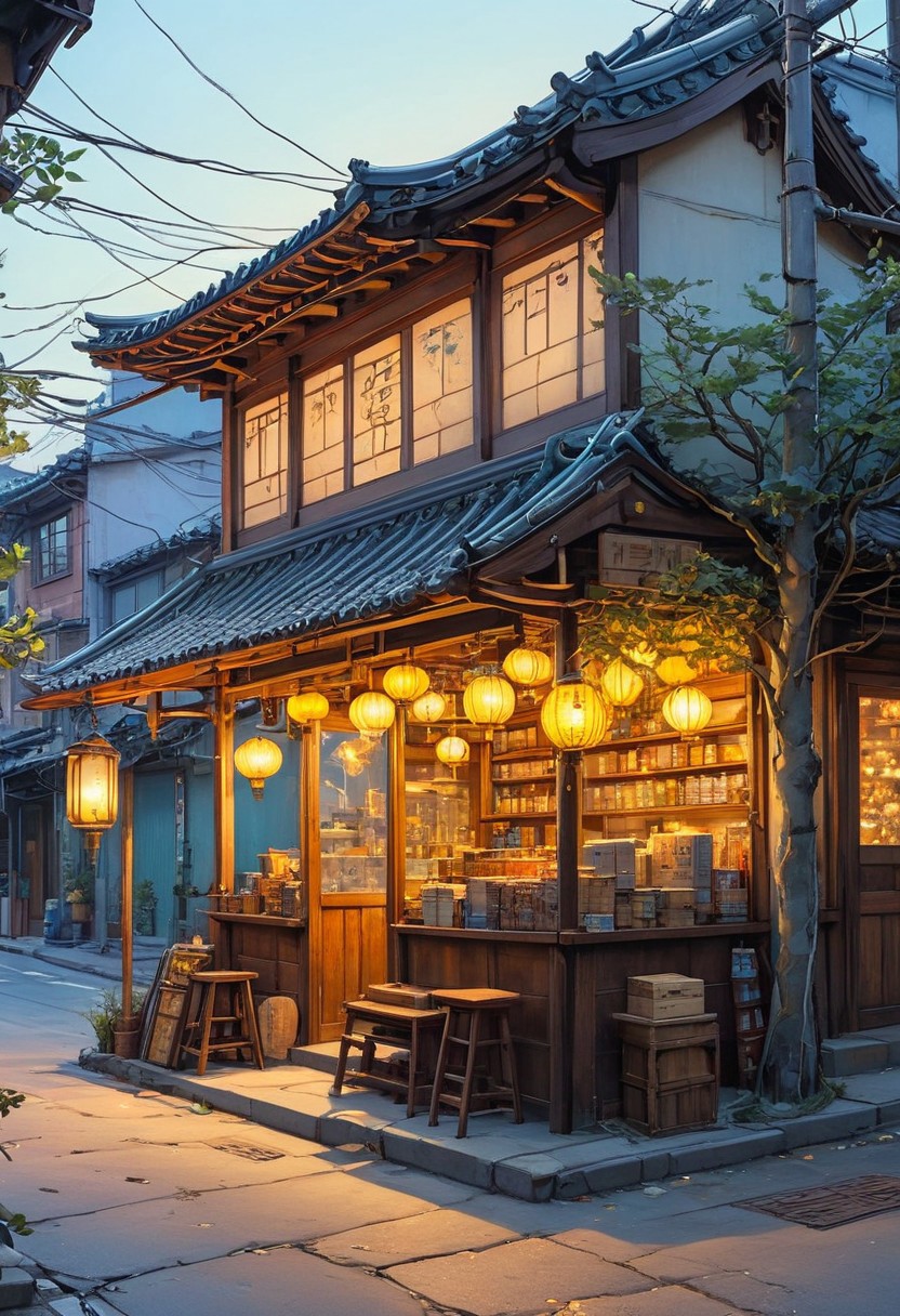 A cozy, small traditional Korean shop illuminated warmly at dusk, surrounded by a large, intricate tree with branches sprawling across the scene. The shop has wooden panels and shelves filled with various goods, and a soft yellow glow emanates from its windows and lanterns. Outside, there are a few stools and tables under the tree, scattered leaves, and soft lighting creating a serene and nostalgic atmosphere. Overhead, electrical wires crisscross the sky, adding depth and realism. The environment is peaceful, with a blend of natural and urban elements harmonizing beautifully.. (anime, cyberpunk, Moebius (Jean Giraud) Style page)