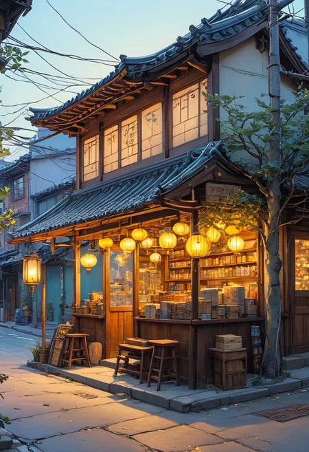 A cozy, small traditional Korean shop illuminated warmly at dusk, surrounded by a large, intricate tree with branches sprawling across the scene. The shop has wooden panels and shelves filled with various goods, and a soft yellow glow emanates from its windows and lanterns. Outside, there are a few stools and tables under the tree, scattered leaves, and soft lighting creating a serene and nostalgic atmosphere. Overhead, electrical wires crisscross the sky, adding depth and realism. The environment is peaceful, with a blend of natural and urban elements harmonizing beautifully.. (anime, cyberpunk, Moebius (Jean Giraud) Style page)