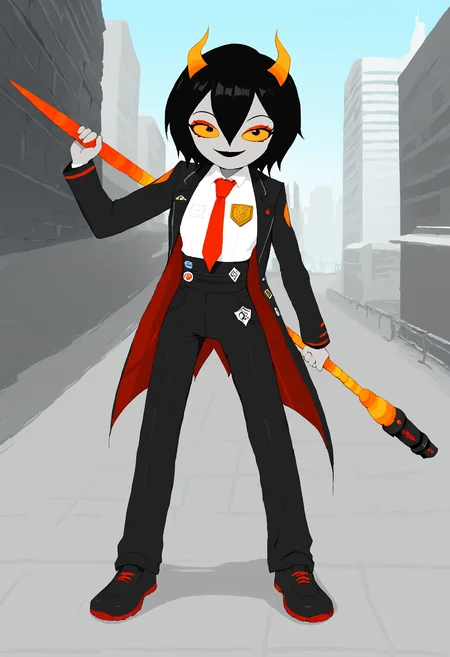 score_9, score_8_up, score_7_up, HD, best quality, masterpiece, detailed, minimalist, mspaint, 1girl, Niikou, d0nquix0tedef, Black hair, short hair, hair between eyes, horns, colored skin, grey skin, colored sclera, orange sclera, black lipstick, red eyeshadow, black coat, open coat, badge, long sleeves, white shirt, collared shirt, red necktie, black pants, high-waist pants, standing, holding lance, happy, smiling, city alleyway