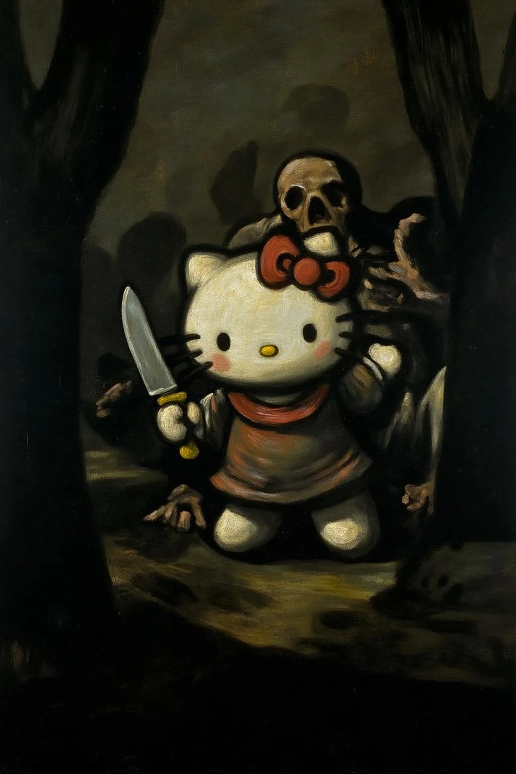 g0ya1 painting of of Hello Kitty in the middle of the forest holding a knife, the atmosphere and the character looks scary, Hello Kitty is hidden by the shadows <lora:g0ya2_cap_d6a3e12:1.0><lora:823852440794416685:0>