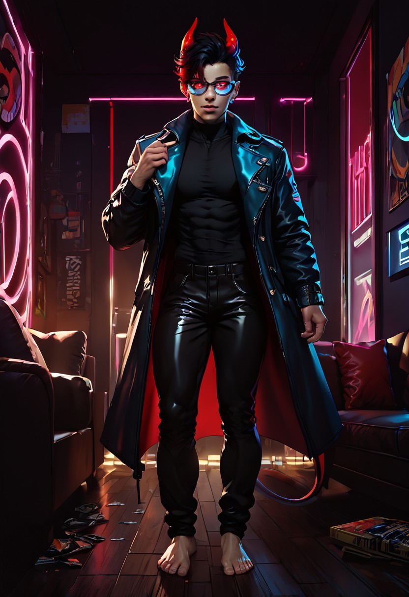 ((score_9, score_8_up, score_7_up,score_9, score_8_up, score_7_up)), (Masculine, Light/tan skin, Toned and 6'5 feet tall:1.4), 24 years old, Handsome face, somber face, perfect face, (((Black hair with neon red highlights))), ((Glowing neon Gold irises)), (Neon Red pupils), (White Sclera), shiny skin, Curley short haircut, ((2 spiral red horns)), (((Demon))), (Large muscle build), gages in ears, Neon tattoos on arms, wild hair, toned hips, ((fit look, large intelligent glasses)), ((Long Blue leather coat, dragon scale coat, black vest, black shirt, black pants)), shiny skin, living room , warm lighting, (no nsfw), lavish kitchen room, fridge, soda in hand, drinking soda