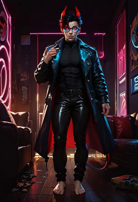 ((score_9, score_8_up, score_7_up,score_9, score_8_up, score_7_up)), (Masculine, Light/tan skin, Toned and 6'5 feet tall:1.4), 24 years old, Handsome face, somber face, perfect face, (((Black hair with neon red highlights))), ((Glowing neon Gold irises)), (Neon Red pupils), (White Sclera), shiny skin, Curley short haircut, ((2 spiral red horns)), (((Demon))), (Large muscle build), gages in ears, Neon tattoos on arms, wild hair, toned hips, ((fit look, large intelligent glasses)), ((Long Blue leather coat, dragon scale coat, black vest, black shirt, black pants)), shiny skin, living room , warm lighting, (no nsfw), lavish kitchen room, fridge, soda in hand, drinking soda
