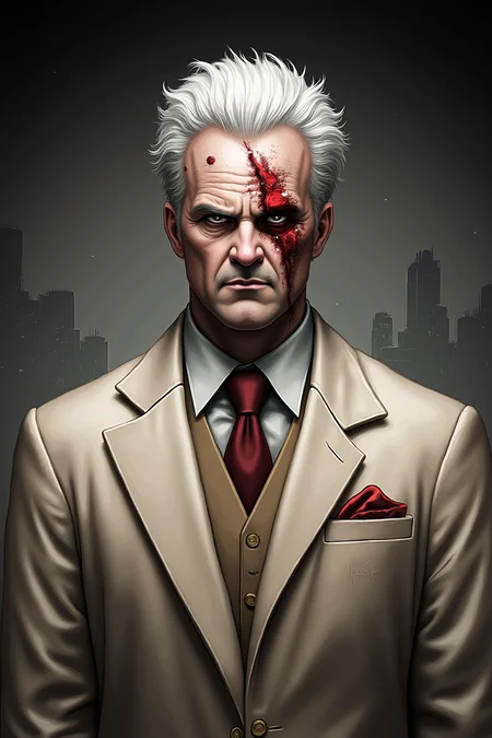 This is a highly detailed, digital illustration in a realistic, dark, and moody comic book style. The subject is YFG-Th3Dud3 with a stern, intense expression, set against a muted, grayscale background that suggests a dimly lit, urban environment. He has short, spiky white hair that is slightly disheveled, with a few strands falling over his forehead. His skin is pale and marked with numerous scars, giving him a rugged, weathered appearance. He has a prominent, jagged scar across his forehead, and several smaller scars on his face and neck. His eyes are dark and piercing, with a hint of red in the irises, adding to the ominous atmosphere. He is dressed in a tailored, light beige suit with a matching vest and tie, giving him a formal yet intimidating look. The suit is slightly rumpled, with a pocket square peeking out from the breast pocket on the right side. The textures of the suit are finely detailed, with creases and folds that add depth and realism. The background is minimalistic, with a few abstract, geometric shapes that suggest a cityscape, further emphasizing the lone figure in the foreground. The overall mood of the image is dark and intense, with a sense of foreboding and mystery.