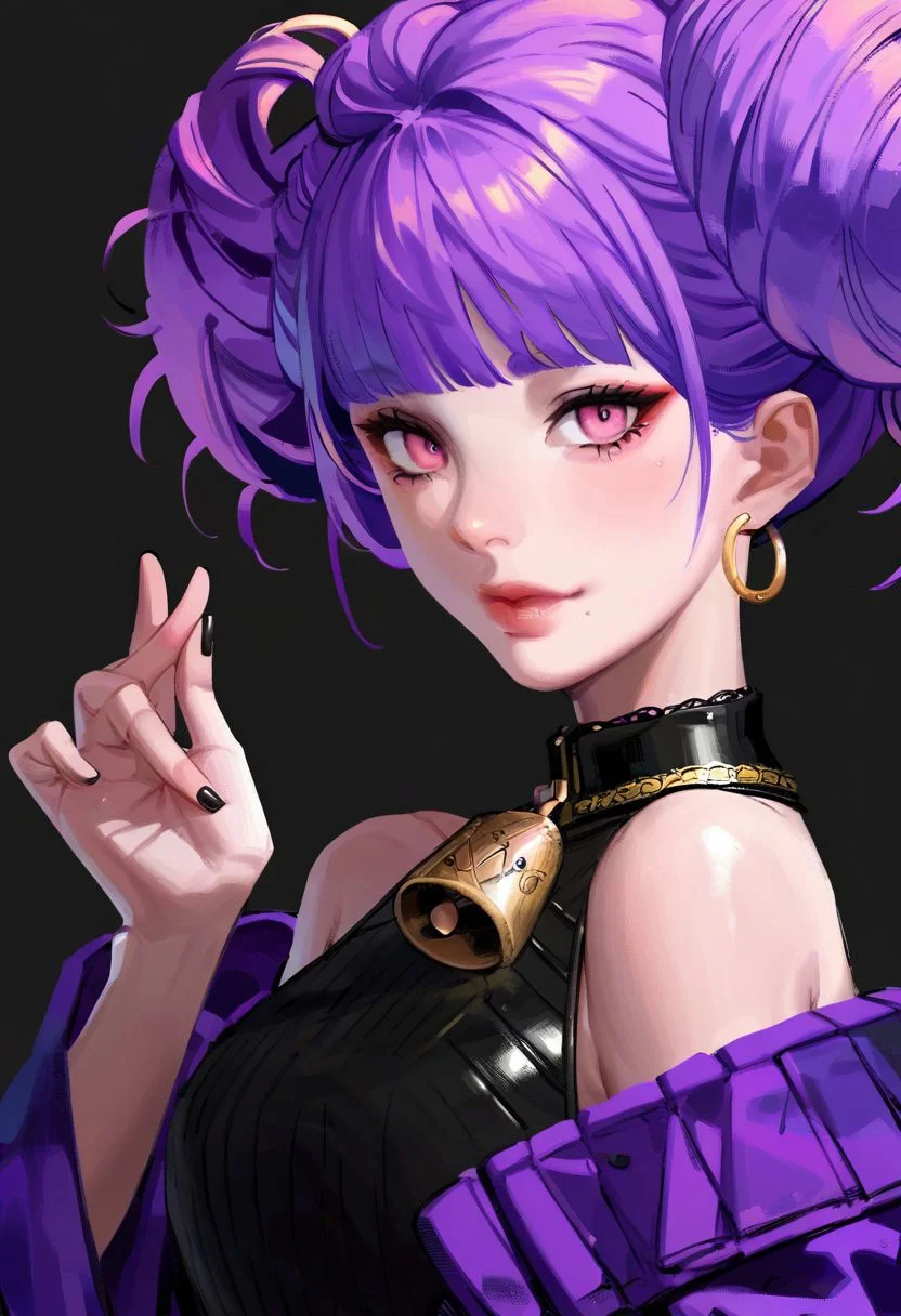 score_9,score_8_up,score_7_up,score_6_up, easynegative, SJ_Style, muu muyu, 1girl, jewelry, black nails, pink eyes, purple hair, long hair, hair bun, double bun, looking at viewer, bell, upper body, multicolored hair, purple hair, lips, hand up, hoop earrings, off shoulder, grey background, nail polish, dress, simple background, makeup, breasts, epiCPhoto