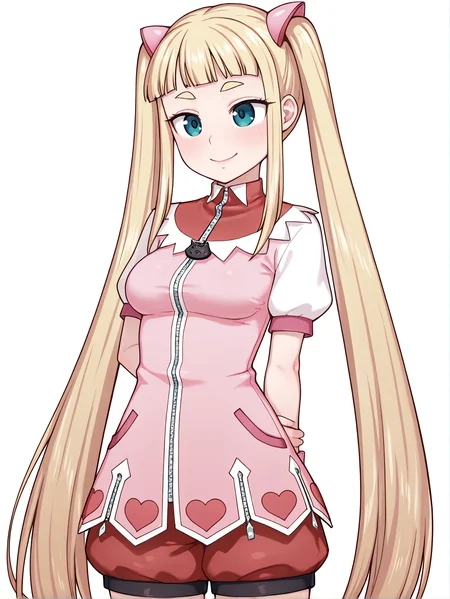 masterpiece, best quality, amazing quality, absurdres, newest, dynamic_angle, defined facial features, white background,
standing, <lora:KONOHA_IL2.0v0b:0.8> konoha \(magical girl konoha\), magical girl outfit, cat-shaped zipper pull, pink wristband, red puffy shorts, ((aged up:1.5, mature female:1.5)), large breasts, wide hips, smile, cute pose, arms behind back,