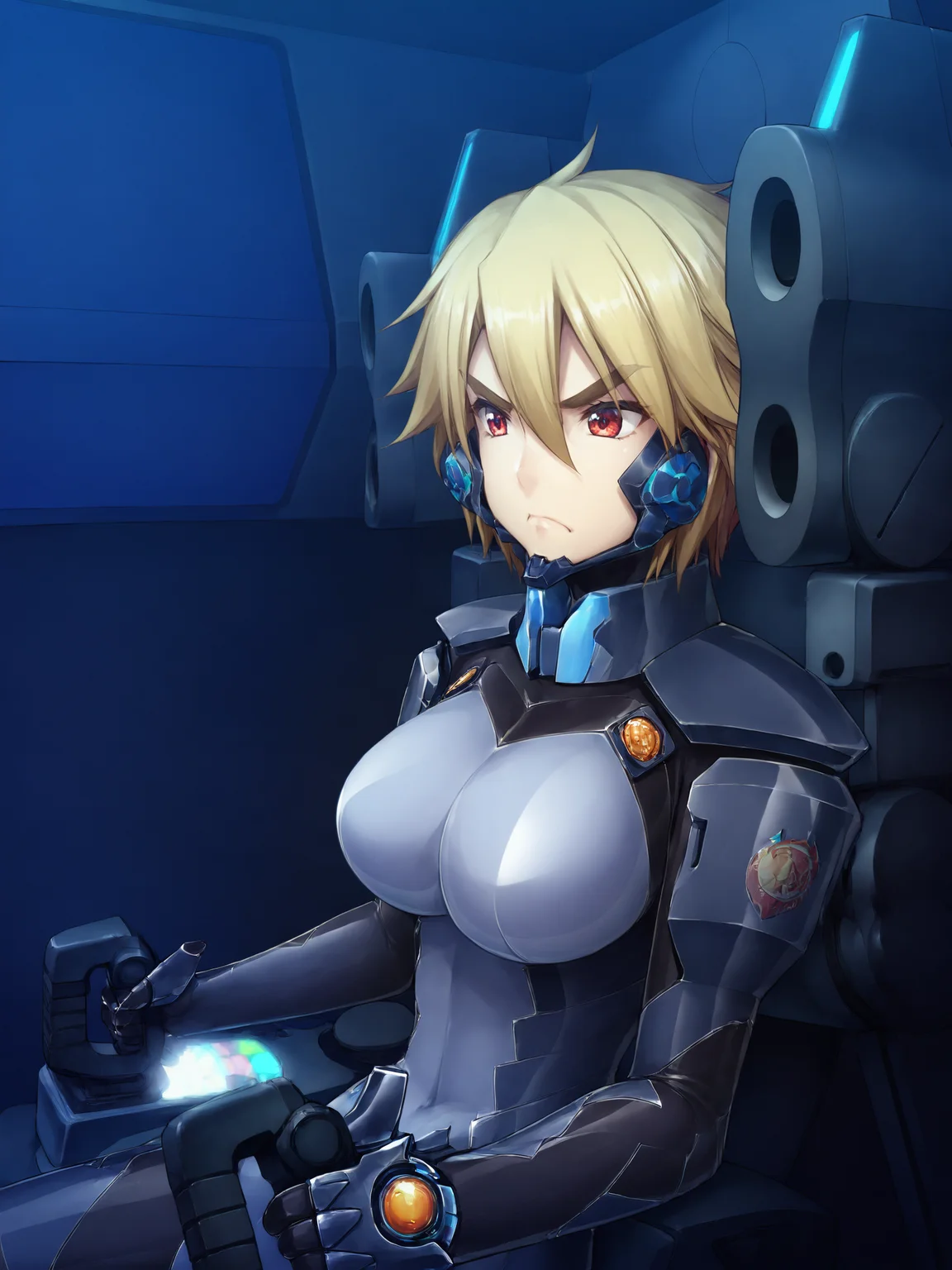 score_9, score_8_up, score_7_up, zPDXL, zPDXLpg, <lora:offset_0.2:0.1>, <lora:spo_sdxl_10ep_4k-data_lora_webui:1>,
1girl, solo,
bluetype99fortifiedsuit, 1girl, fortified suit, pilot suit, armored bodysuit, impossible bodysuit, skin tight, blue bodysuit, shiny clothes, chin guard, headgear, <lora:Type_99_Fortified_Suit__Muv-Luv_Alternative_Chronicles:0.8>,
asagi minori, large breasts, blonde hair, hair between eyes, red eyes, short hair, thick eyebrows,
from side, scowl, frown,
sitting, cockpit, controller, joystick