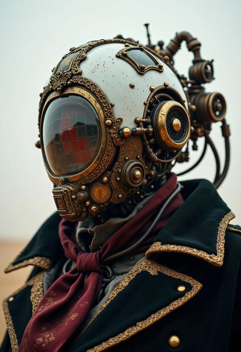 cpstyle01. This is a highly detailed, CGI-rendered image of a humanoid robot head and neck, now infused with Victorian elements. The robot's head is predominantly white, with a glossy, reflective surface that gleams under the pale light. The large, circular visor now bears an ornate, brass frame, intricately designed with delicate engravings and Victorian-era flourishes. It displays a pixelated pattern of red and gray squares, but the pattern has a vintage, steampunk feel, reminiscent of old mechanical clockwork gears rather than modern digital interfaces. The visor’s edges are slightly rusted, giving it an antiquated, mechanical appearance.
The robot's neck and upper body, once sleek and industrial, are now adorned with elaborate brass and copper gears, pipes, and cogs, all intricately arranged like the inner workings of an old, steam-powered machine. The body is draped in a tattered, dark velvet military parka, richly patterned with faded gold embroidery along the seams, giving it a touch of aristocratic decay. The parka is worn and weathered, showing signs of age with frayed edges, and it's buttoned with large, polished brass fasteners that gleam in contrast to the otherwise aged fabric.
Around the robot's neck, instead of a simple scarf, lies a finely embroidered cravat made of deep burgundy silk, its ends trailing behind in the dusty wind. The cravat adds an aristocratic elegance to the otherwise mechanical appearance.