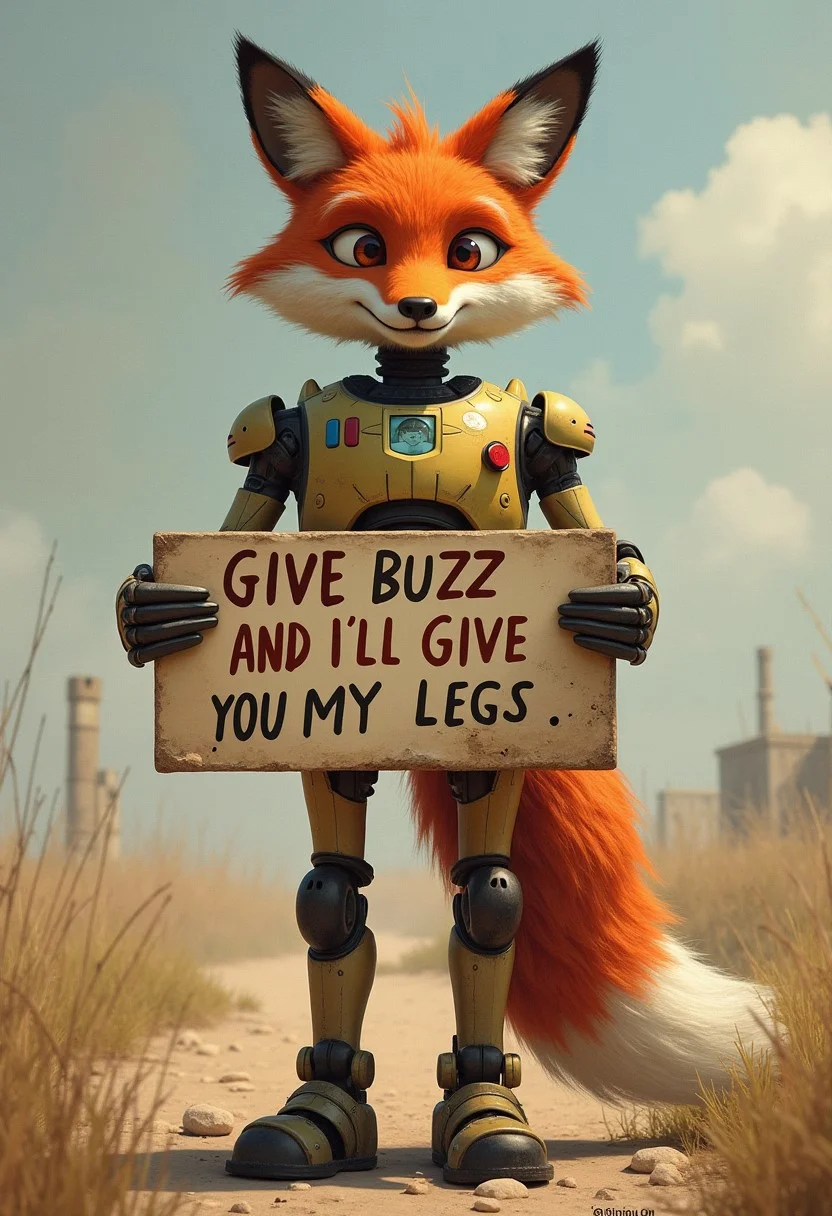 robot anthro fox holding a sign that texts: "Give Buzz and I’ll give you my legs”