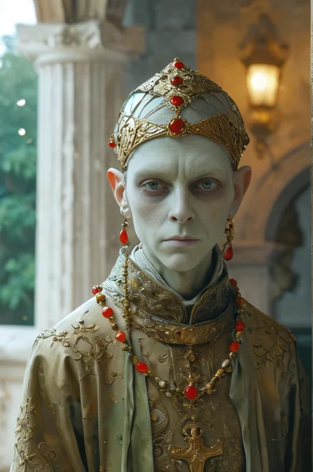 Upper body photo, dutch angle, peculiar half-human priest, unusual head protrusions, unnatural skin hue, (realistic highly detailed eyes), adorned in small adamite and carnelian gems, style of dark white and green, gold filigree, standing in a white stone courtyard on alien planet, intricate details, epic realism, photographic quality, absurdres, award winning illustration by Claude Monet and James C. Christensen, volumetric lighting, Juxtaposed image between the serene priest and the harsh alien environment, <lora:add-detail-xl:2.5> <lora:MJ52:0.6> <lora:sdxl_lightning_8step_lora:1> <lora:eyetuneT:0.5> direct eye contact with viewer, accurate focus on eyes