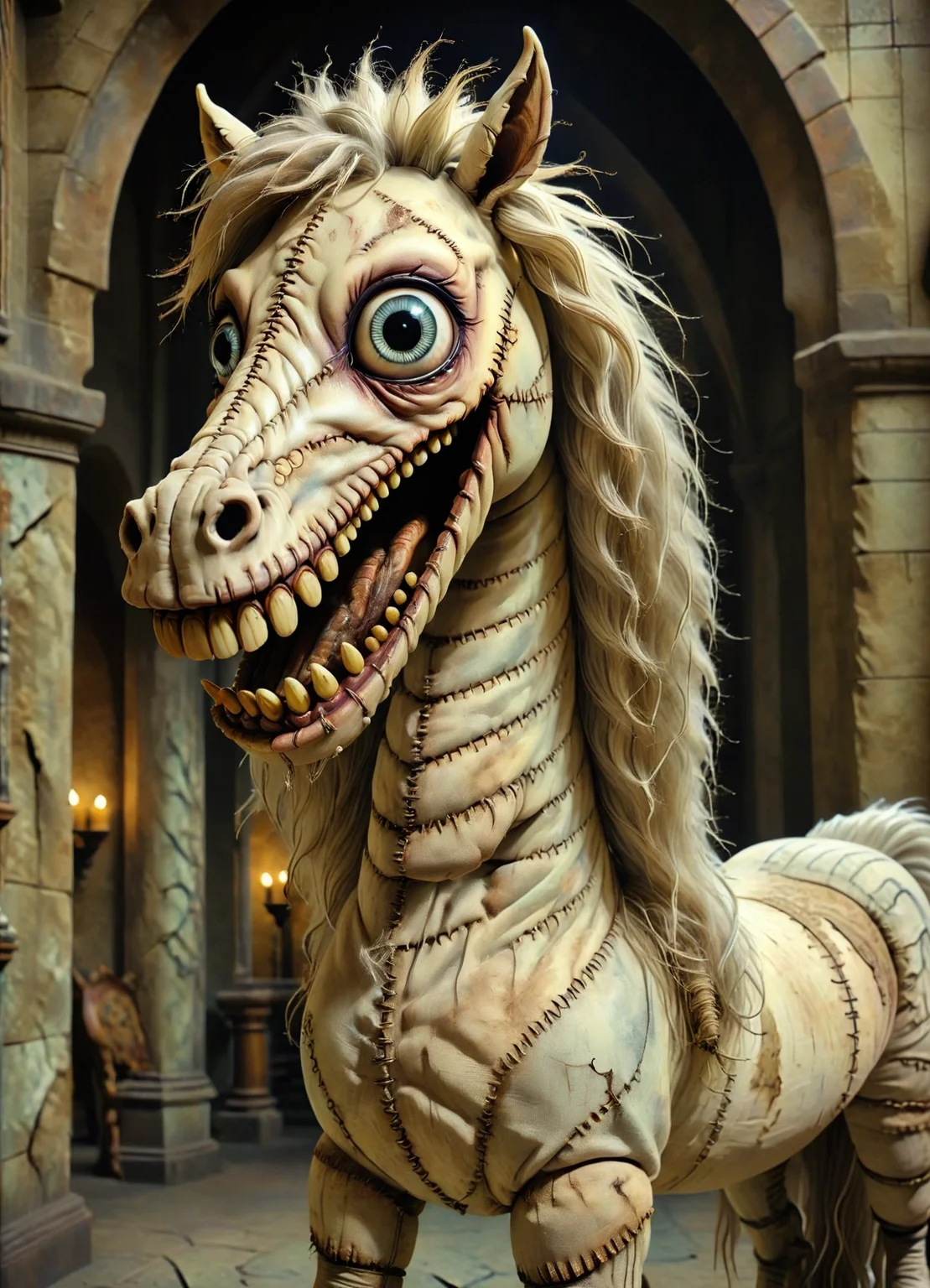 DonMCr33pyD0115XL enenra, mythical majestic horse creature, single horn, light colored long slender spiraled horn, elegant noble posture, gentle wise expression, purity, grace, magical, enchanting, resourceful,gusty,nature's cathedral,antique,culinary experience,gleaming,atmospheric phenomena,uninhabited,obsessive , <lora:DonMCr33pyD0115XL:1>