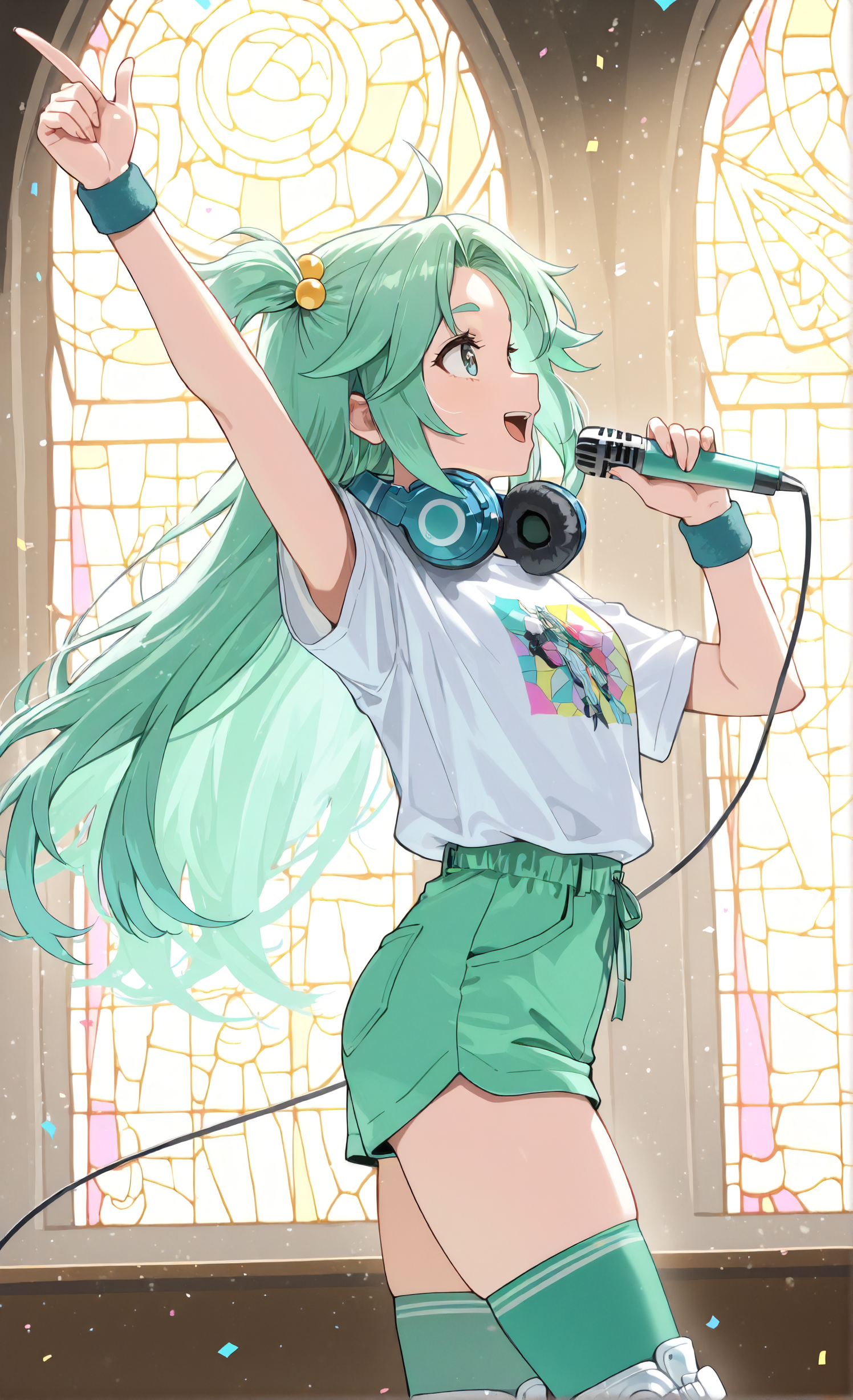 masterpiece, sharp detail, intricate detail,  1girl,  <lora:To be hero X - Lucky Cyan:0.8>, lucky cyan \(to be hero x\), standing, sneakers, white footwear, roller skates, shorts, shirt, holding microphone, headphones around neck, smile, open mouth, green thighhighs, hair bobbles,  wristband, short sleeves, arm up, one side up, pointing up, cowboy shot, t-shirt, from side, stained glass, full body,