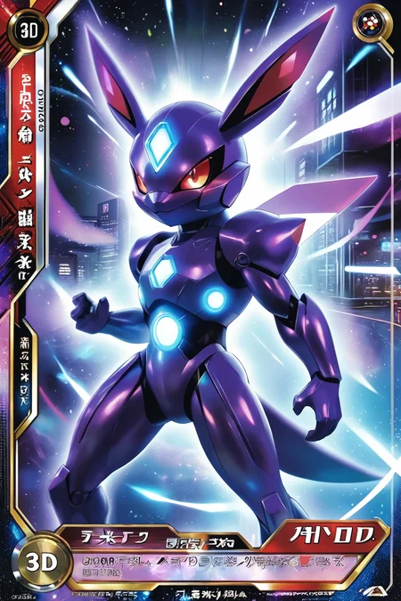 A rare holographic Pokémon card featuring a 1st edition Japanese cyberpunk legendary Pokémon of the dark-light universe. The Pokémon should be depicted as an astral cyborg ninja cosmic god.
The card should be in high resolution 8K, centered and highly detailed. The Pokémon should exude a cyberpunk aesthetic with elements of darkness and light intertwined.
Ensure the Pokémon is depicted with intricate details, blending cosmic and technological elements. The holographic effect should shimmer and gleam, adding to the rarity of the card.
Capture the essence of the legendary Pokémon's power and mystique, making it a truly iconic collectible.
(Dramatic Lighting, Photography, 3D Illustration, Vibrant Colors, Exquisite Detail, Award Winning, Stunning) <lora:MJ52:0.6> epiCPhoto