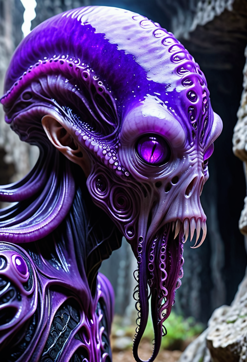 otherworldly psionic mysticism, intense macro shot focusing on psionic energy, pulsing eldritch purple highlights, head tilted unnaturally, sensing thoughts, ancient underground ruins, tentacled face, dark, leathery skin, elongated cranium, slender, alien physique, four long tentacles extending from mouth fantasy_random_lora, realistic, uhd, 8k, masterpiece, intricately detailed, cinematic, best quality, absurd resolution, fantasy art, fantasy race concept, artfully_mindflayer,  <lora:artfully_MINDFLAYER_SDXL:0.8>