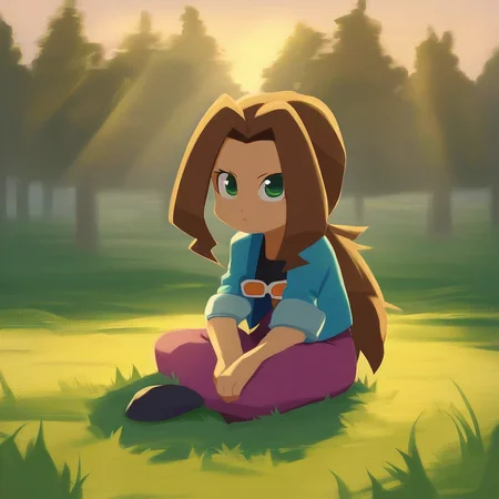 score_9, solo, Samantha_medabots, brown hair, ponytail, green eyes, shirt, jacket, pants, sunglasses, cute, sitting, grass, trees, natural lighting