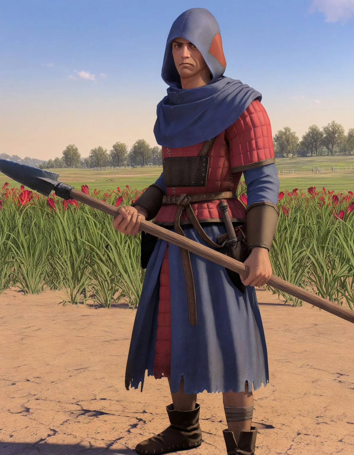 masterpiece, good quality, best quality, 2d, anime,
bretonnianpeasant, 1boy, hood, armor, holding polearm, looking at viewer, determined,
field, dirt,
<lora:BretonnianPeasant_Vpred:0.8>