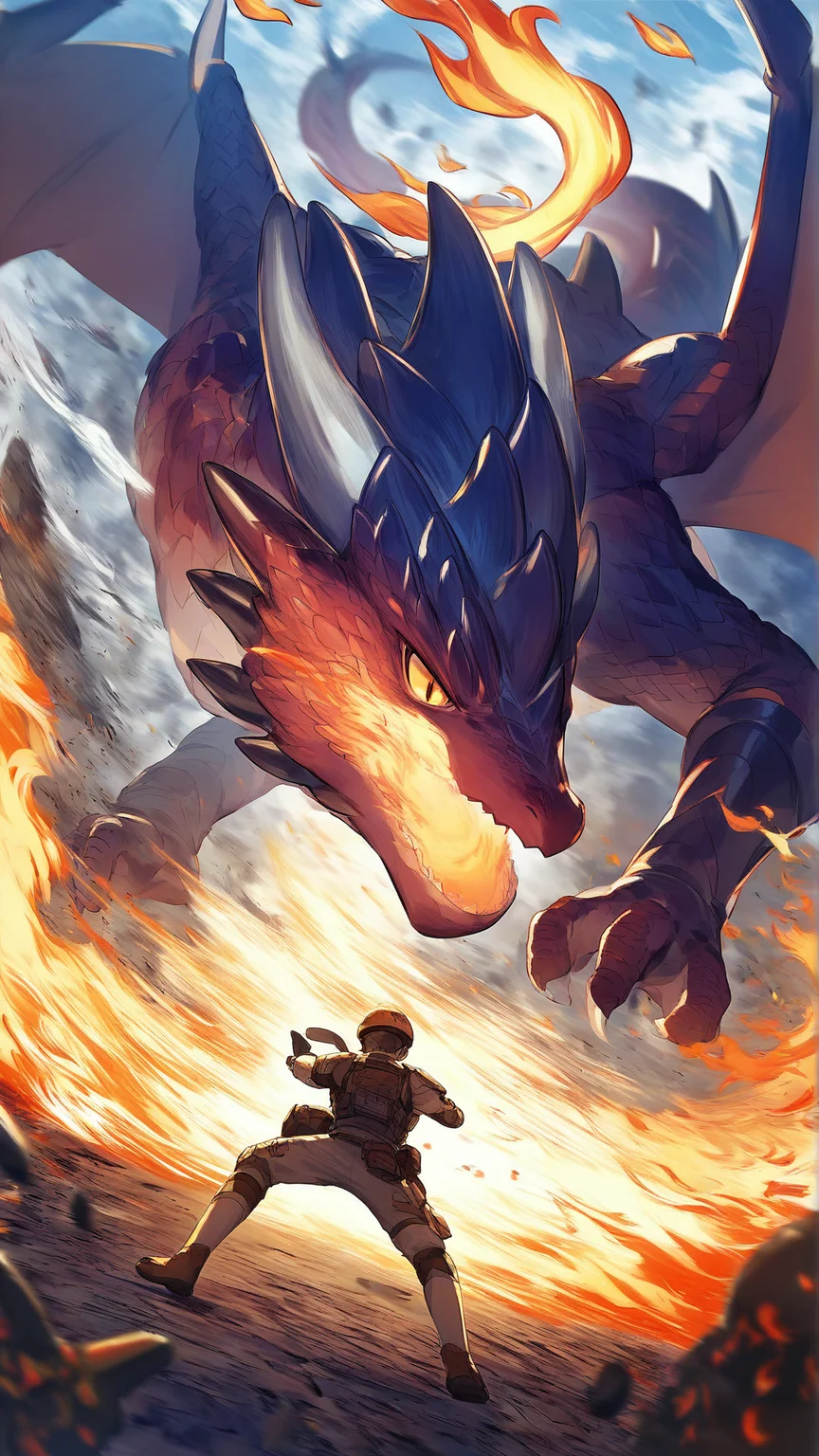 score_9, score_8_up, score_7_up, 1boy, light armor, (flame trails:1.3), flames around, dynamic, battle, combat pose, inferno, (creature, dragon, proximity, background:1.3), source_anime, rating_safe <lora:Merunyaa_Artist_Style_PonyXL:0.75>