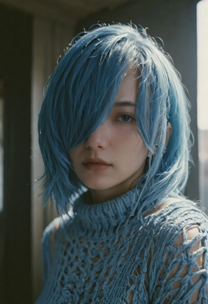 closeup portrait, Surreal, amazing quality, masterpiece, best quality, awesome, inspiring, a woman with blue hair over her eyes, hair completely covers her face. high knitted collar, cinematic composition, soft shadows, atmospheric haze, Film grain, cinematic film still, shallow depth of field, highly detailed, high budget, cinemascope, moody, epic, OverallDetail, 2000s vintage RAW photo, photorealistic, candid camera, color graded cinematic, atmospheric lighting, imperfections, natural, shallow dof