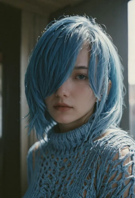 closeup portrait, Surreal, amazing quality, masterpiece, best quality, awesome, inspiring, a woman with blue hair over her eyes, hair completely covers her face. high knitted collar, cinematic composition, soft shadows, atmospheric haze, Film grain, cinematic film still, shallow depth of field, highly detailed, high budget, cinemascope, moody, epic, OverallDetail, 2000s vintage RAW photo, photorealistic, candid camera, color graded cinematic, atmospheric lighting, imperfections, natural, shallow dof