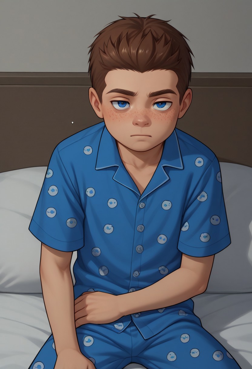 score_9, score_8_up, score_7_up, highly detailed, cute boy, 1boy, solo, young, Jack Power, Blue Eyes, Brown Hair, Freckles, sleepy, bags under eyes, Blue Pajamas, night, in bedroom