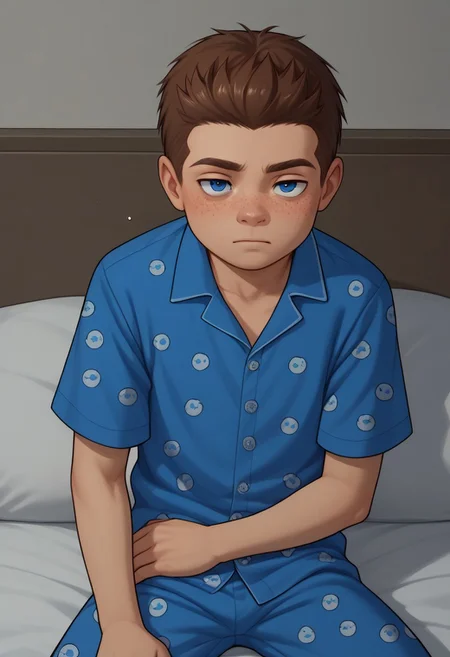 score_9, score_8_up, score_7_up, highly detailed, cute boy, 1boy, solo, young, Jack Power, Blue Eyes, Brown Hair, Freckles, sleepy, bags under eyes, Blue Pajamas, night, in bedroom
