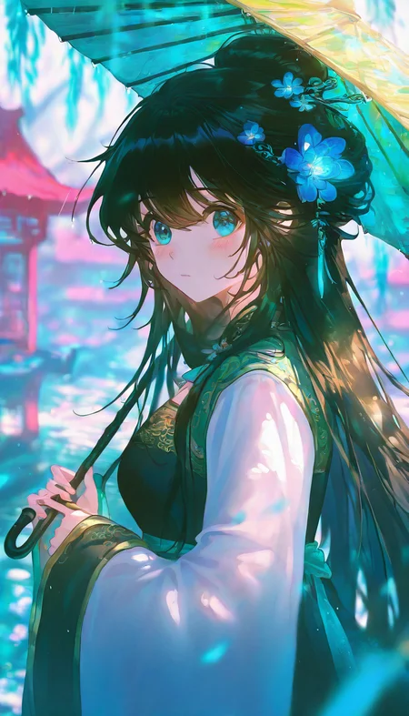 REMEMX,
1girl,long hair,blue eyes,solo,hair ornament,holding umbrella,holding,looking at viewer,hair bun,black hair,wide sleeves,long sleeves,chinese clothes,hair flower,from side,blush,upper body,looking to the side,closed mouth,hanfu,hair between eyes,dress,
outdoors,<lora:REMEMXv1-000050:1>,