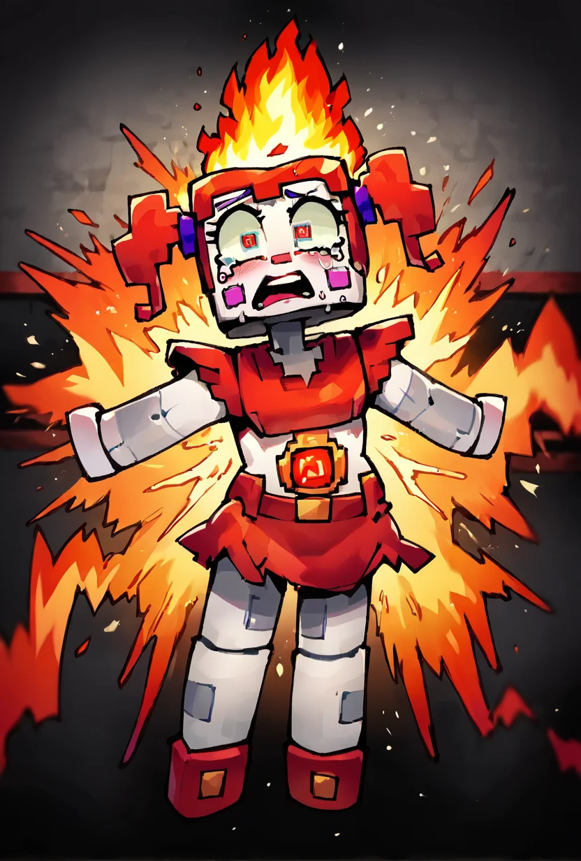 score_9, score_8_up, score_7_up, best quality, good quality ,, character focus, solo, , best quality, <lora:circbab-08:1> circbab, solo, robot, red hair, twintails, 1girl, open eyes, detailed background, <lora:Krooked_Glasses_style_Lora_Pony:1> fire background, trapped in cage, reaching out, held back by bars, fire walls, falling structure, burning building, crying, speech bubble