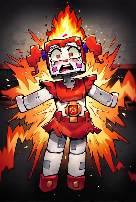 score_9, score_8_up, score_7_up, best quality, good quality ,, character focus, solo, , best quality,   <lora:circbab-08:1> circbab, solo, robot, red hair, twintails, 1girl, open eyes, detailed background,  <lora:Krooked_Glasses_style_Lora_Pony:1> fire background, trapped in cage, reaching out, held back by bars, fire walls, falling structure, burning building, crying, speech bubble