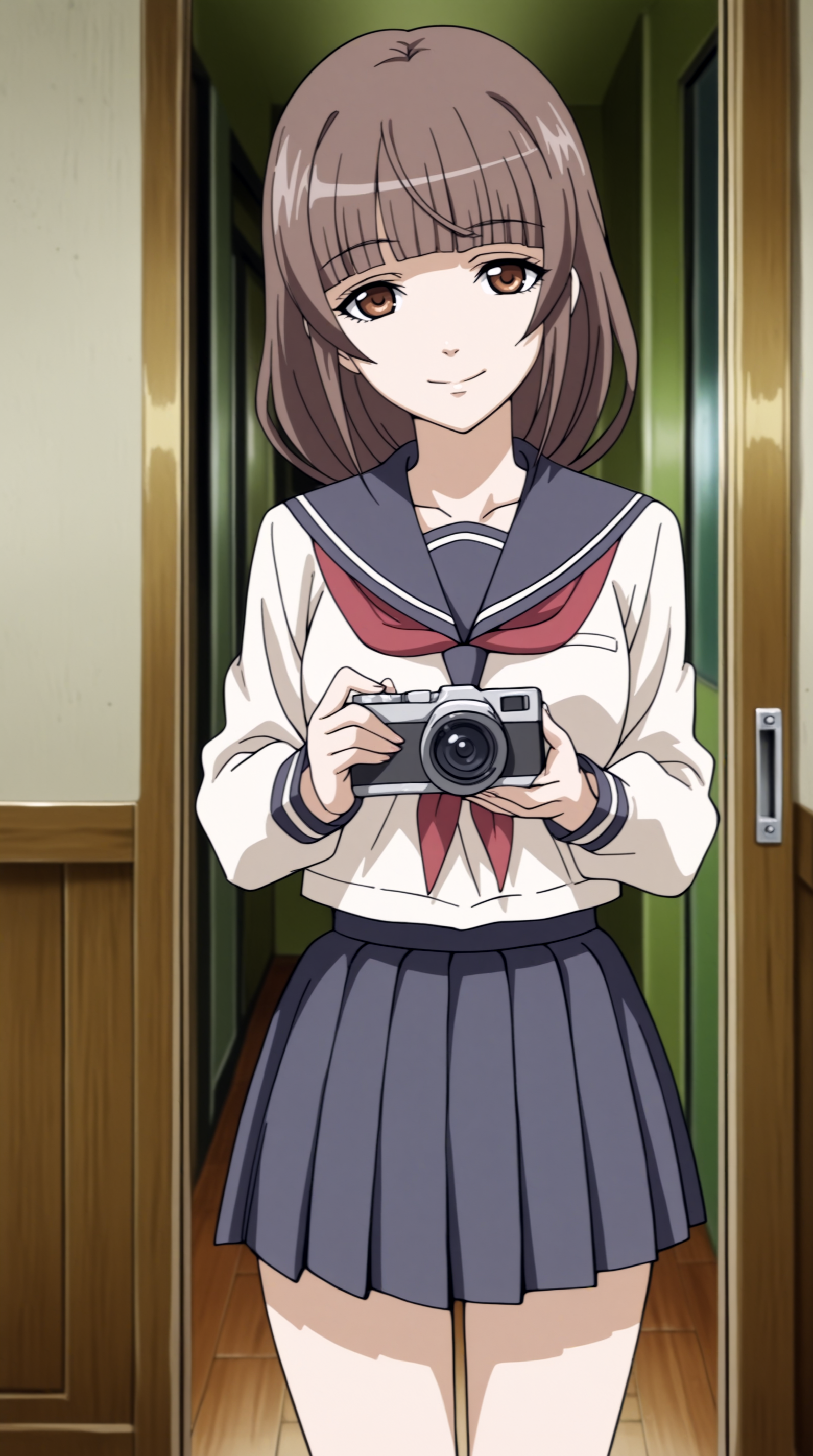 masterpiece, best quality, amazing quality, very aesthetic,  absurdres, best quality, 4k, upscale, indoors,   emiru, 1girl, solo, brown hair, brown eyes, school uniform, standing, long hair, camera,  short hair, smile, looking at viewer  <lora:Emiru_Ikuno_IL:0.8>