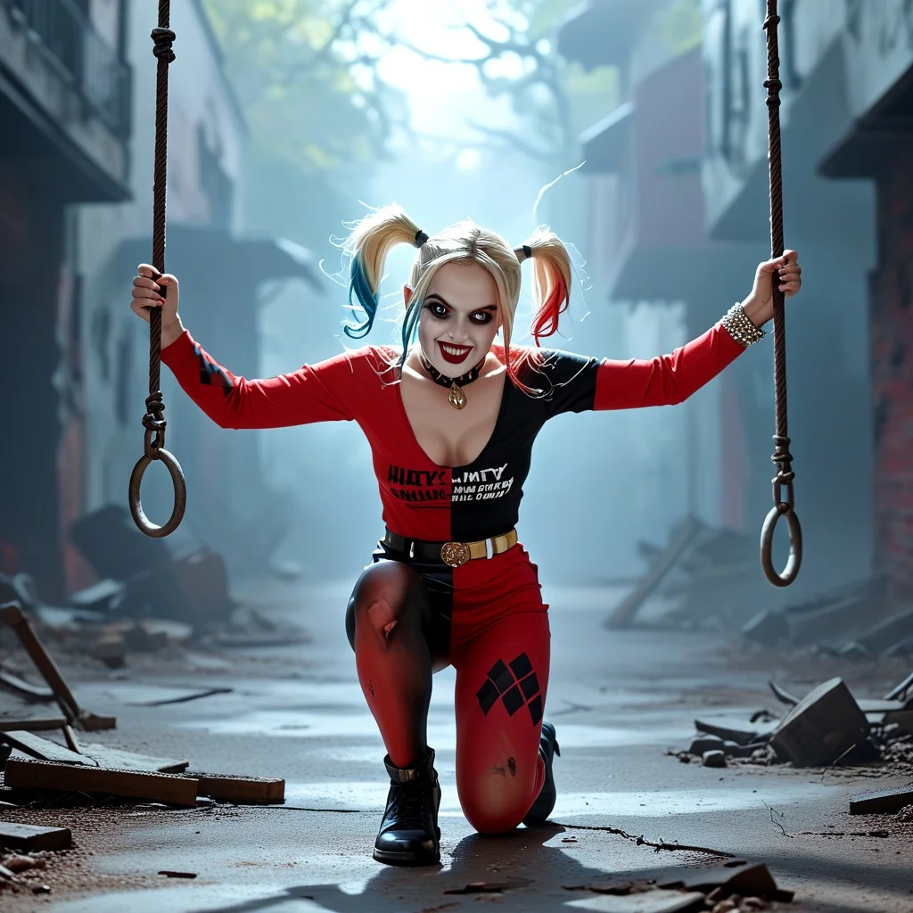 score_9, score_8_up, score_7_up anime Harley Quinn, now the ghostly warden of an abandoned amusement park, prowled the twisted, rusted rides under the pale moonlight. Her bat, splattered with a chilling mix of red and black, dragged along the cracked concrete, leaving a trail of eerie echoes. The air was thick with the scent of decay and forgotten laughter. Harley’s playful giggles morphed into unsettling whispers as she prepared for a night of sinister fun. Luring unsuspecting thrill-seekers into her haunted domain, she was set on playing a deadly game of tag. With every swing of her bat, the spirits of the park wailed in delight, their cries mingling with Harley's maniacal laughter. 'Step right up,' she cooed to the shadows, 'and let’s see who can survive the ride.'"