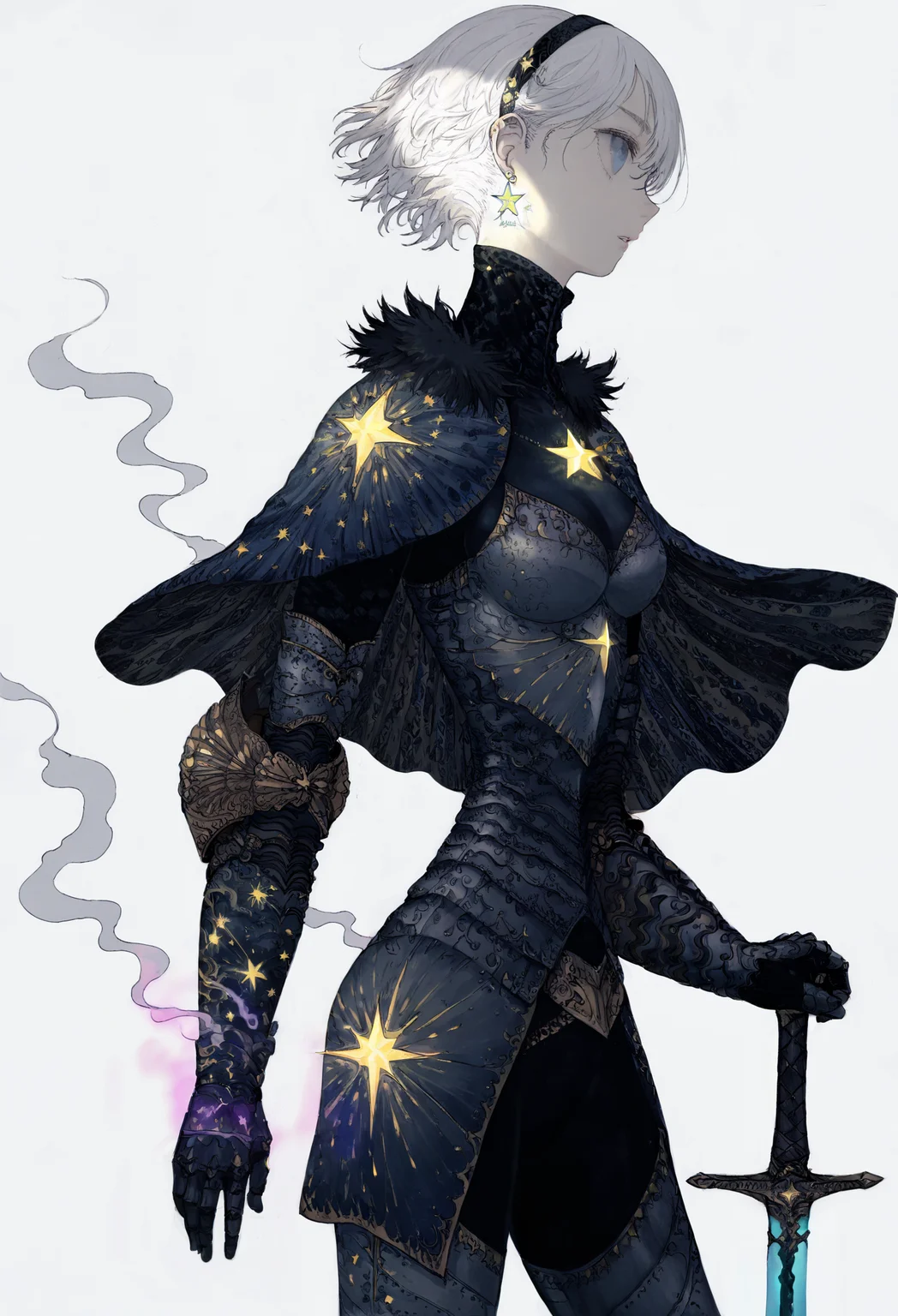 1girl,
solo, earrings, jewelry, short hair, star \(symbol\), white hair, gauntlets, smoke, armor, star earrings, cowboy shot, breasts, profile, parted lips, holding sword, blue eyes, gloves, glowing, simple background, holding weapon, medium breasts, star print, hairband, armored dress, bodysuit, from side, holding, standing, looking afar, black gloves, fur trim, weapon, sword, capelet, white background, looking away,
.
masterpiece, best quality, very aesthetic, absurdres
<lora:monfornoob:0.95>